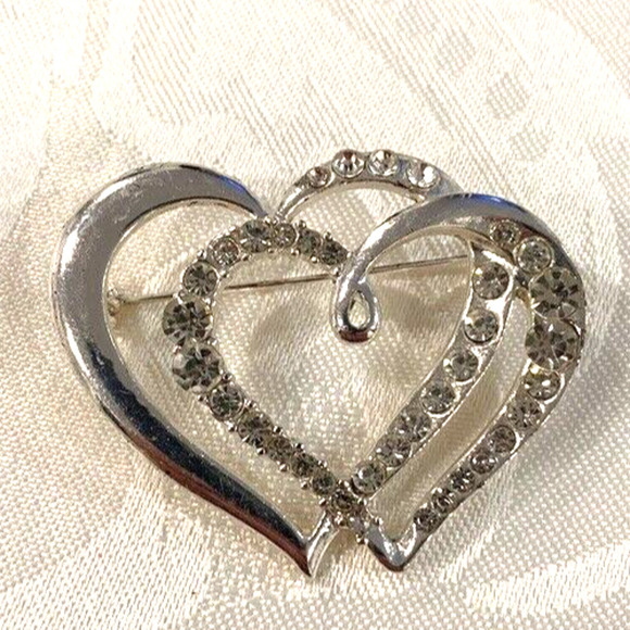 Tops - Double heart rhinestone accented silver brooch 1 3/4" wide